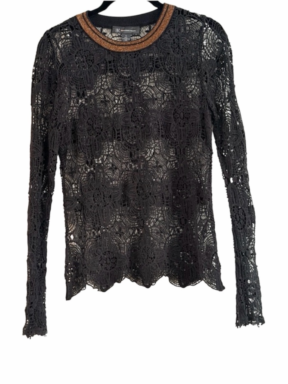 INC International Concepts Black Crochet Long Sleeve Top with Gold Trim Size S